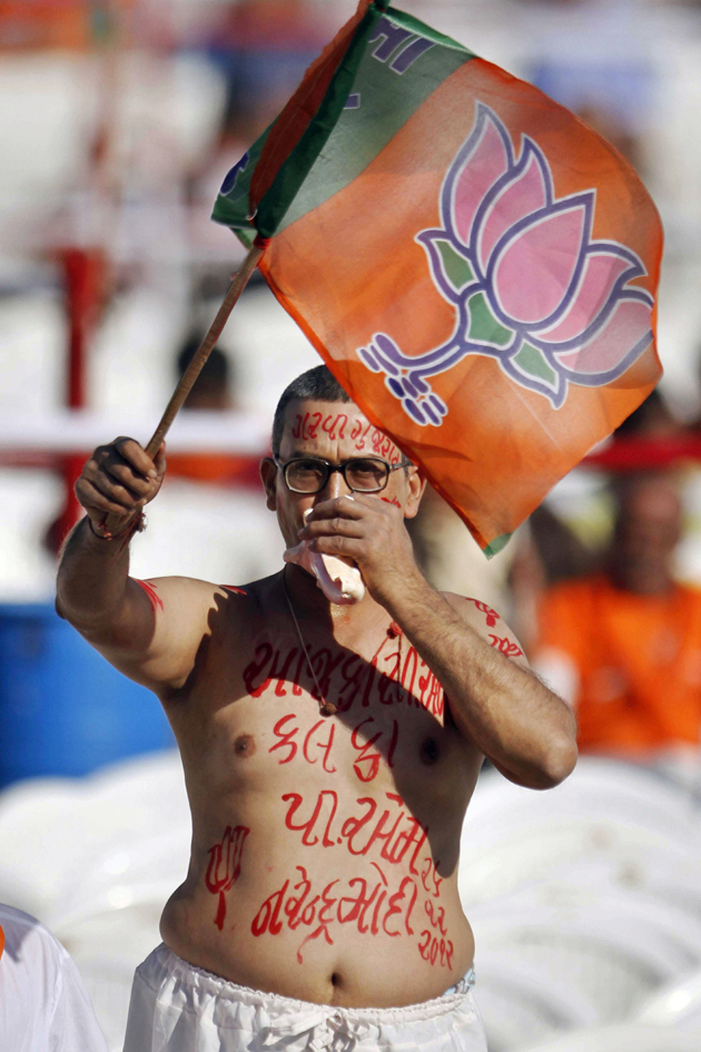 शपथ ग्रहण समारोह के दौरान मोदी का एक समर्थक।