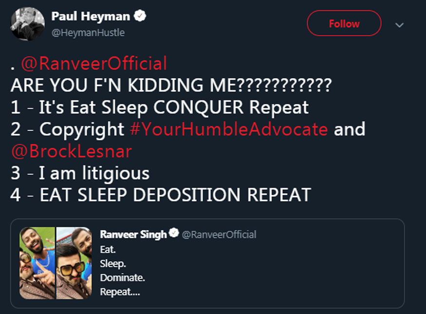 ranveer singh, paul heyman, brock lesnar, wwe, world cup 2019, ranveer heyman, paul heyman ranveer singh, wwe news