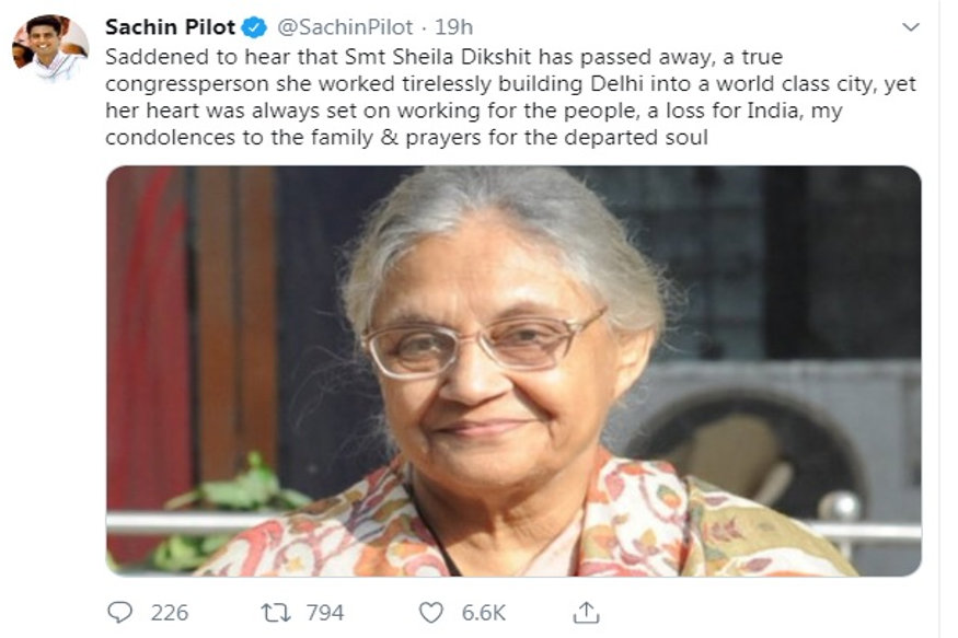 पूर्व सीएम शीला दीक्षित का निधन।