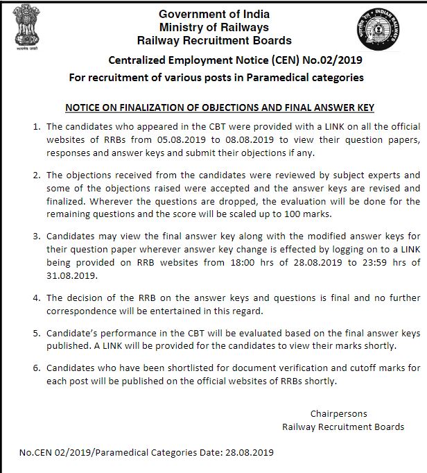 RRB Paramedical Staff Final Answer Key 2019, RRB, Indian Railway, bhartiya rail, sarkari naukari, RRB Paramedical Staff Final Answer Key 2019 notice