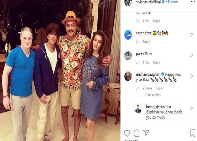 Raveena Tandon, Ravi Shastri, Shah Rukh Khan, new year, happy new year 2020, Michael Vaughan, cricket, sports news, माइकल वॉन, रवि शास्त्री, शाहरुख खान, रवीना टंडन, क्रिकेट, स्पोर्ट्स न्यूज, न्यू ईयर