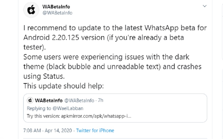 Screenshot of WABetaInfo's tweet.