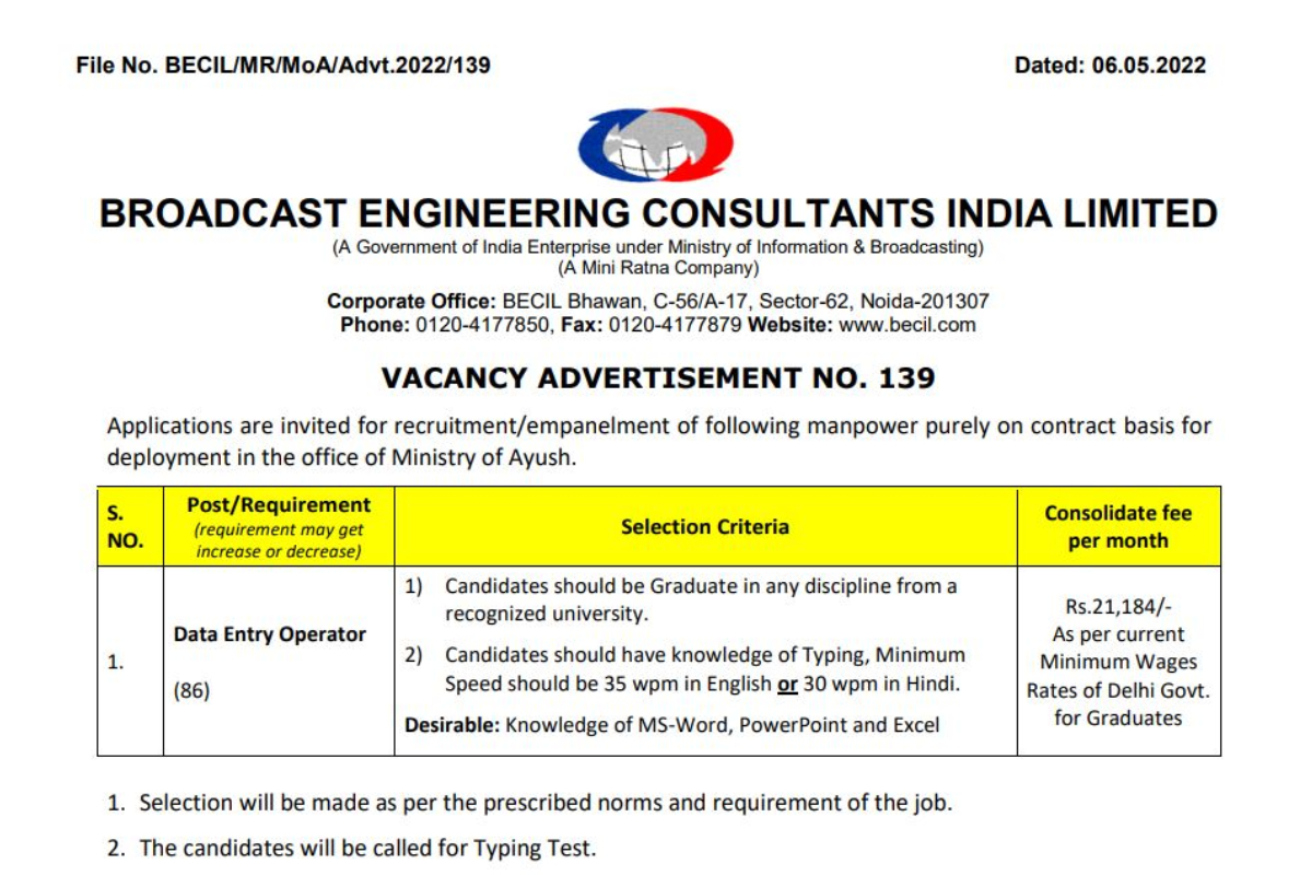 BECIL Recruitment 2022